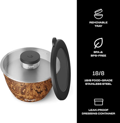 S’well Stainless Steel 64oz Salad Bowl Kit, Teakwood Finish, Includes 2oz Condiment Container and Removable Tray, Leak-Proof and Easy to Clean, Dishwasher Safe