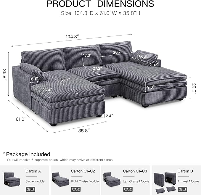 Belffin Large Modular Sectional Sofa with Double Deep Chaise, 104" Corduroy U Shaped Couch with 9" Soft Dual-Layer Seats Cushion Sectional Couches for Living Room, Apartment, Light Grey
