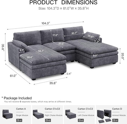 Belffin Large Modular Sectional Sofa with Double Deep Chaise, 104" Corduroy U Shaped Couch with 9" Soft Dual-Layer Seats Cushion Sectional Couches for Living Room, Apartment, Light Grey