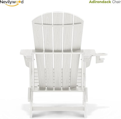 nevilywood Folding Adirondack Chair with Cup Holder Set of 4, HDPE Patio Chairs,All-Weather Outdoor Chairs for Backyard, Deck,Fire Pit-White