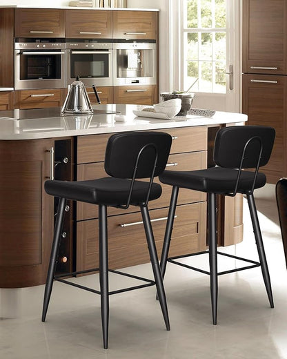 Tall Bar Stools Set of 2, 30 Inch High Counter Height Barstools with Padded Back Support, Faux Leather Bar Chairs, Metal Legs, for Kitchen Island, Black