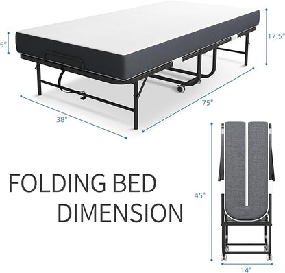 Folding Bed with Mattress for Adults, 75" x 38" Foldable Bed, Twin Size Metal Bed Frame with Wheels, Portable Rollaway Bed for Guest, Travel