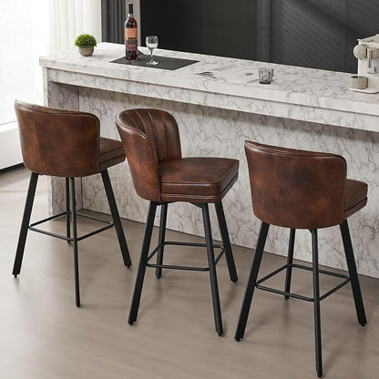 Swivel Counter Height Bar Stools Set of 2, 30'' Modern Barstools with Backs and Metal Legs, Upholstered Bar Chairs, Faux Leather Brown Stools for Kitchen Island Chairs