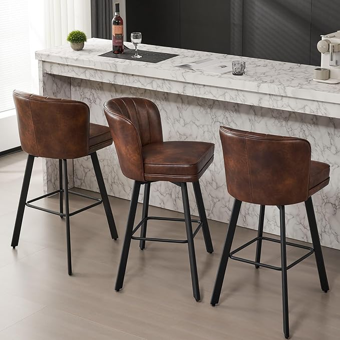 Swivel Counter Height Bar Stools Set of 4, 30'' Modern Barstools with Backs and Metal Legs, Upholstered Bar Chairs, Faux Leather Brown Stools for Kitchen Island Chairs