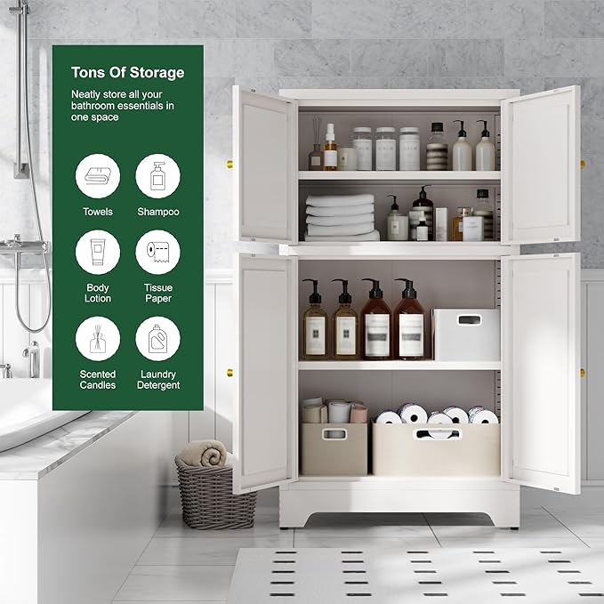 Bathroom Floor Storage Cabinet,Metal Accent Sideboard with 4 Doors and 2 Adjustable Shelves, Freestanding Bathroom Cabinets White Storage Organizer for Kitchen Pantry,Living Room,Hallway