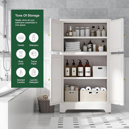 Bathroom Floor Storage Cabinet,Metal Accent Sideboard with 4 Doors and 2 Adjustable Shelves, Freestanding Bathroom Cabinets White Storage Organizer for Kitchen Pantry,Living Room,Hallway