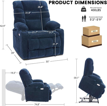 EONIX Dual Motor Lay Flat Power Lift Recliner Chair for Elderly, 400lbs Heavy Duty Recliner Lift Chairs for Adults, Chair Lift Recliner Sofa with Cup Holders, Heat and Massage, Navy Blue