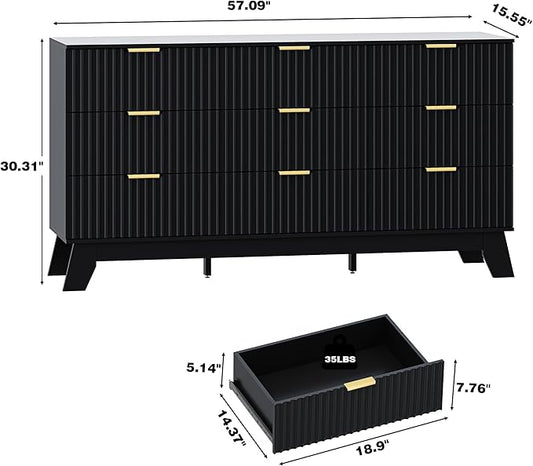 Fluted Dresser for Bedroom with 9 Drawers, 57" Mid Century Modern Dresser of Closet TV Stand, Nature Wood Dressers with Gold Handle, Boho Closet Wide Modern Chest of Drawers, Black