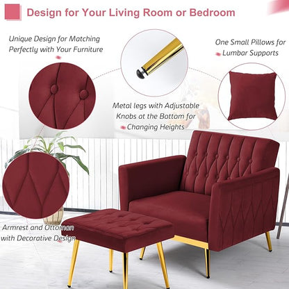 Velvet Accent Chair with Adjustable Armrests and Backrest, Button Tufted Lounge Chair, Single Recliner Armchair with Ottoman and Pillow for Living Room, Bedroom, Red