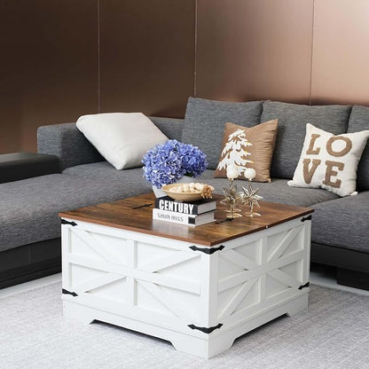 Farmhouse Coffee Table Set of 3, Lift Top Coffee Table with Sliding Barn Doors and Nightstands Set of 2 with Charging Station, Living Room Table Set for Home Office, White
