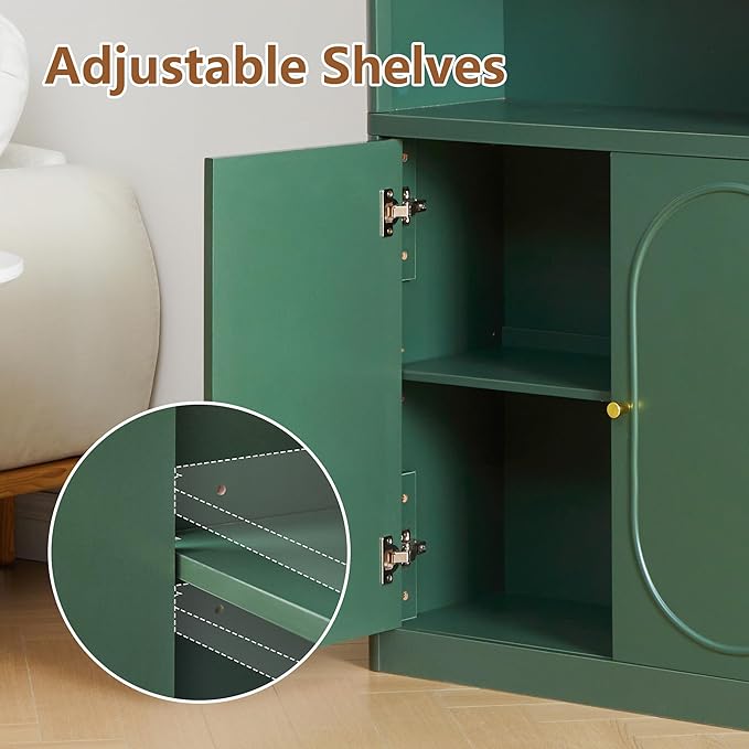 70.8" Tall Fluted Bookshelf with Storage Cabinet, Modern 5-Tier Wood Bookcase with Open Display Storage Shelf, Gold Handles for Office Living Room (Green)