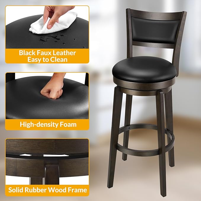 PrimeZone Swivel Bar Stools Set of 8, 32 Inch Tall Bar Height Barstools, Black Faux Leather Bar Stool with High Backrest & Solid Wood Legs & Wrap-Around Footrest, Counter Stools for Pub
