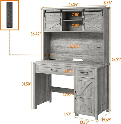 Farmhouse 47" Executive Computer Desk with 2 Drawers and Storage Cabinet, Home Office Desk with Hutch and Charging Station, Workspace for Work and Study (Grey).