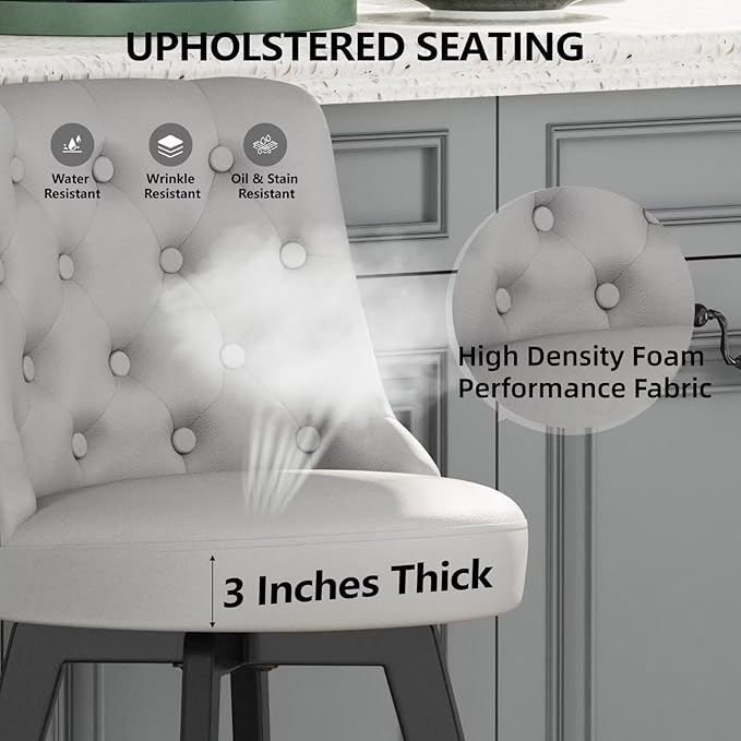 MINCETA Set of 2 Upholstered Bar Stools - 26 Inch Swivel Counter Height Stools with Low Tufted Back, Footrest & Performance Fabric - Round Seat for Kitchen Island & Home Bar Light Gray