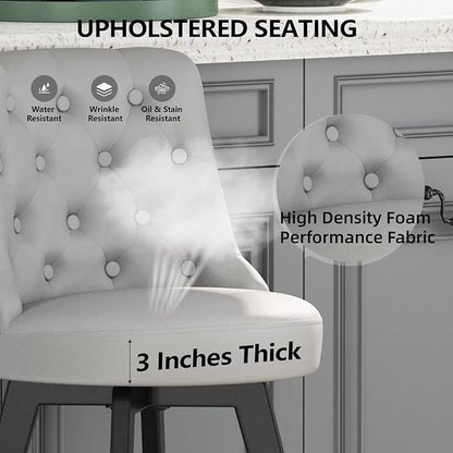 MINCETA Set of 4 Upholstered Bar Stools - 26 Inch Swivel Counter Height Stools with Low Tufted Back, Footrest & Performance Fabric - Round Seat for Kitchen Island & Home Bar Light Gray