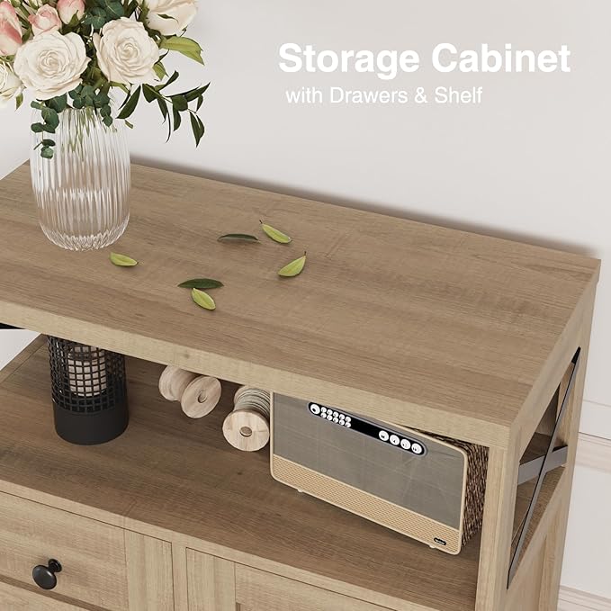 Natural Storage Cabinet with Doors and Shelves, Standing Kitchen Pantry Cabinet, Floor Storage Hutch Cupboard, Coffee Bar Station for Dining, Living Room, Home Office
