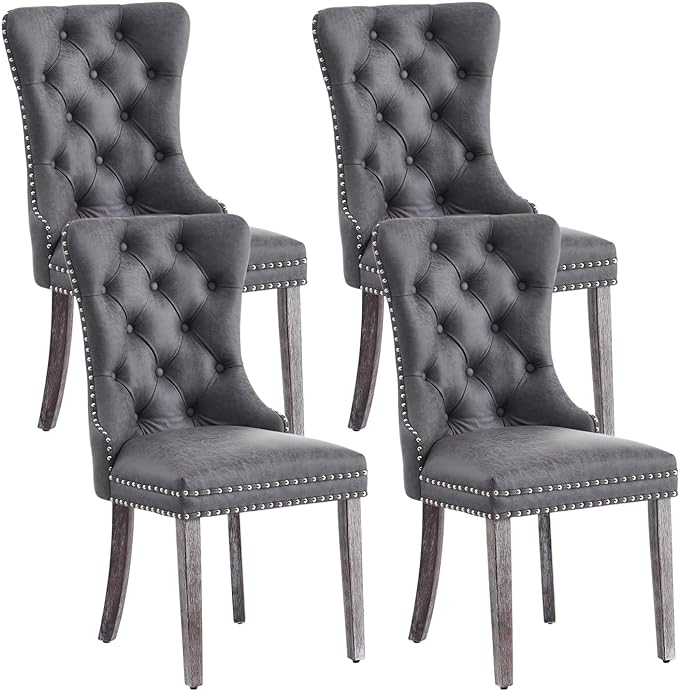 Leather Dining Chair Set of 4, Dining Room Chairs with Nailhead Ring Pull Trim, Upholstered Dining Chairs with Solid Wood Legs for Kitchen Dining Room (Grey)