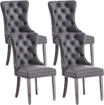 Leather Dining Chair Set of 4, Dining Room Chairs with Nailhead Ring Pull Trim, Upholstered Dining Chairs with Solid Wood Legs for Kitchen Dining Room (Grey)