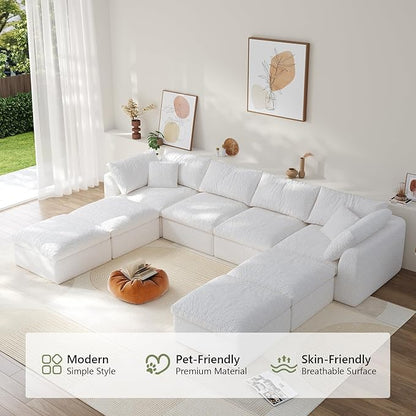 138" Boneless Cloud Couch Modular Sectional Sofa with Deep Seat for Living Room, L Shape Couch with Ottoman, Snowflake Cloth and 40D Memory Sponge，2 Throw Pillows (White, 4 Seater+4 Ottoman)