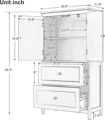 Polibi 43.3" H Storage Cabinet with 2 Doors, 2 Drawers, Adjustable Shelf, Wooden Linen Cabinet for Bathroom, Office, Kitchen, Black