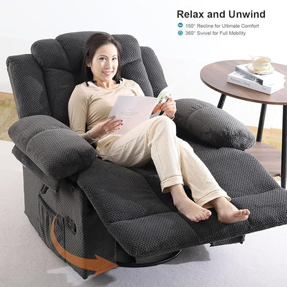 Recliner Chair Oversized 360° Swivel Rocker Recliners with Massage and Heating Theater Chairs Lounge Sofa Adults Lazy Sofas Single Couch for Living Room Overstuffed Armrests XL (Grey)
