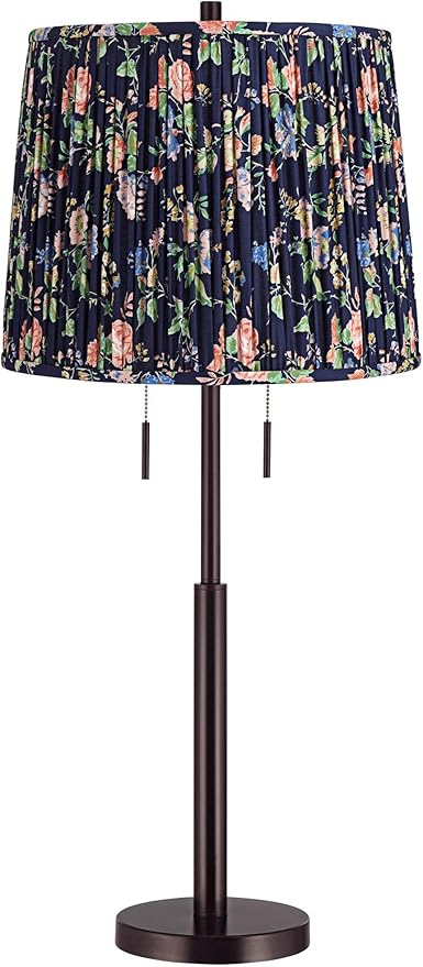 Possini Euro Design Karina 33" Tall Skinny Large Buffet Modern End Table Lamp Pull Chain Brown Bronze Finish Metal Single Navy Blue Shade Living Room Bedroom Bedside Nightstand House Office Family