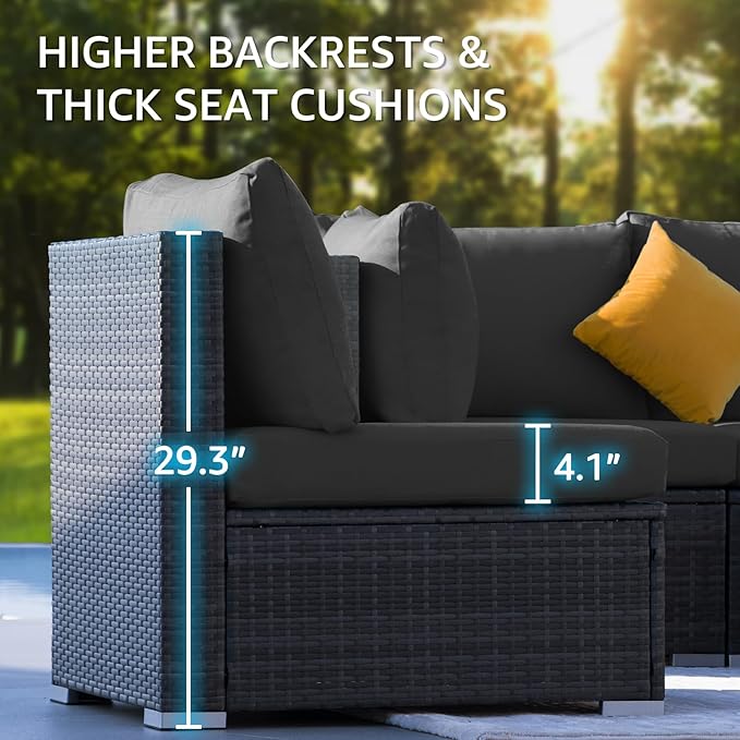 NICESOUL 13 Piece Outside Patio Set with Firepit Table, Luxury Full Size Outdoor Sectional Sofas with Pool Loungers, Oversized 29.3" Highback Wide Deep Backyard Fire Pit Seating for 10, Dark Grey