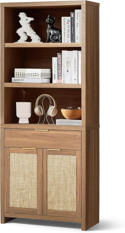 Hampstead Bookcase, Rattan Bookcase with Doors Cabinet and Drawer, 5-Tier Bookshelf, Large Wooden Book Case, Tall Bookshelves for Library Living Room (Weathered Oak, 1 Piece)