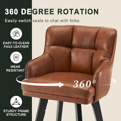 360°Swivel Counter Height Bar Stools with Back, 26 inch Solid Wood Legs, Bar Stool Modern Kitchen Island Chairs, Faux Leather (Brown- Faux Leather, 26" H- Set of 4)