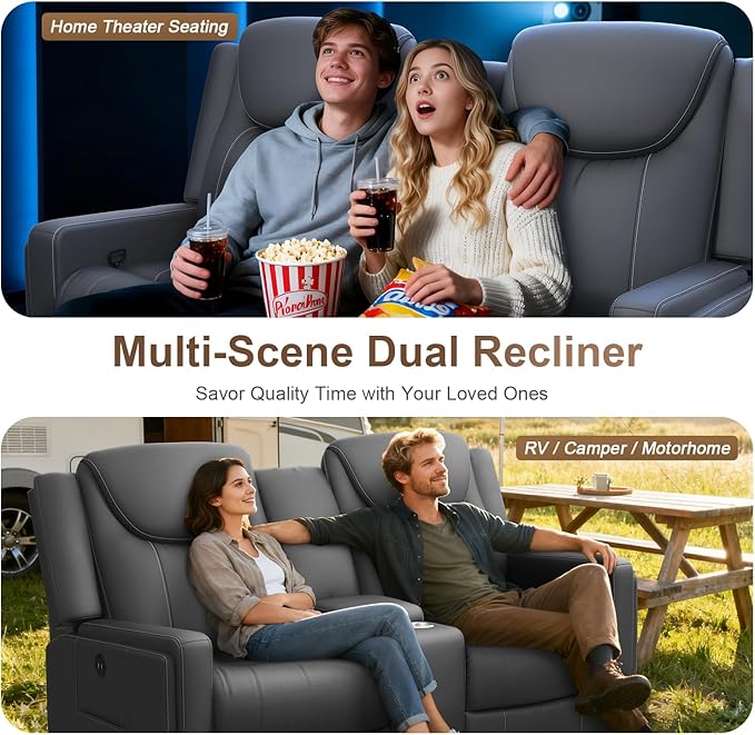 Loveseat Recliner Sofa, Gray PU Leather Double Recliner Loveseat with Console, Cup Holders, Storage & USB Ports, Ergonomics， Manual Reclining Sofa Couch for Living Room, RV