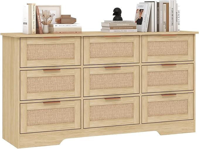 LTMEUTY 9 Drawer Dresser for Bedroom, Rattan Chest of Drawers, Modern Boho Wood Dresser Chest with Golden Handles, 55” Wide Large Storage Long Dressers Organizer for Closet, Entryway, Living Room