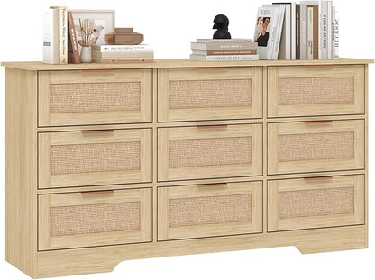 LTMEUTY 9 Drawer Dresser for Bedroom, Rattan Chest of Drawers, Modern Boho Wood Dresser Chest with Golden Handles, 55” Wide Large Storage Long Dressers Organizer for Closet, Entryway, Living Room