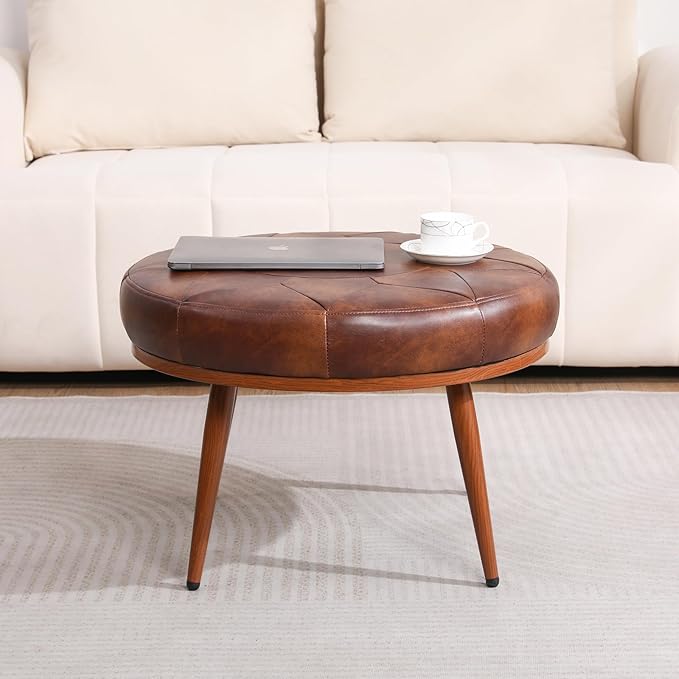 Round Ottoman Coffee Table, 24in Faux Leather Cushioned Footstool Ottoman,Stationary Ottomans, Backless Chair, Footrest for Living Room, Bedroom, Padded Seat, Brown