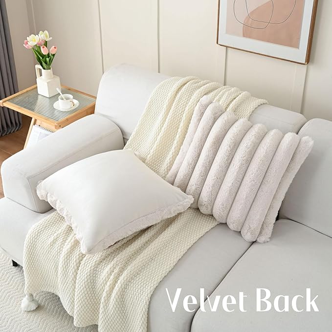 FUTEI Beige Decorative Throw Pillow Covers 18x18 Inch Set of 2, Square Soft Faux Rabbit Fur Thick Striped Cushion Cover,Winter Home Decor for Couch Bed Living Room