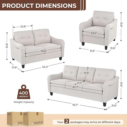 3 Piece 6-Seater Living Room Sofa Set, Modern Upholstered 3-Seater Sofa, Loveseat & Armchair, Handmade Nailhead Trim, Ergonomic Deep-Seat Couch for Living Room (Beige, Rolled Arm)