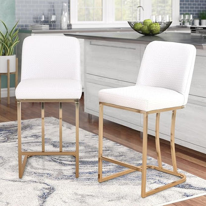 Sophia & William Creamy White & Gold Counter Height 2 Bar Stools Set - Farmhouse Style with Back, Modern Faux Leather Upholstered