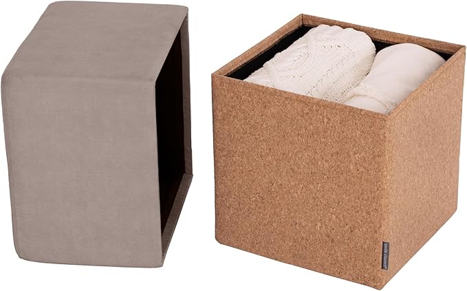 Seville Classics Cushioned Fabric Ottoman Hidden Storage Chest Footrest Chair, Padded Seat for Bedroom, Dorm, Loft, Living Room, Entryway, Hallway, Cork/Taupe, 15" Cube