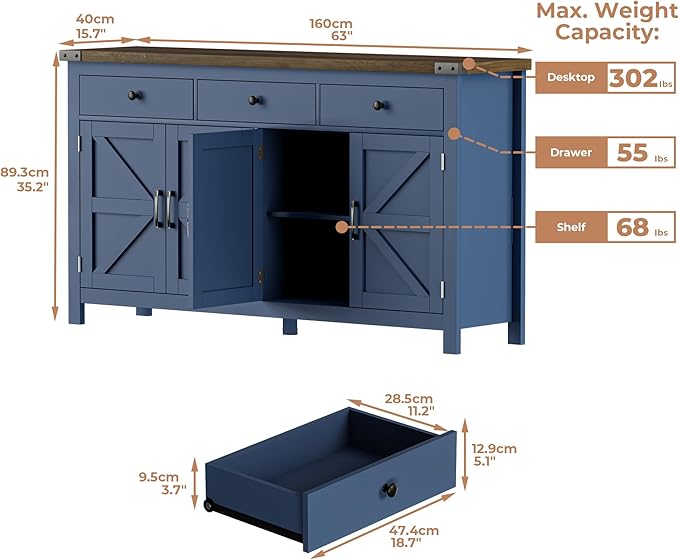 63" Sideboard Buffet Cabinet with Storage, Coffee Bar with 3 Drawers and 4 Barn Doors, Long Wider Storage Cabinet Modern Farmhouse, Blue Wood, for Kitchen, Dining Room, Living Room