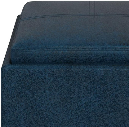 SIMPLIHOME Rockwood 18 inch Wide Contemporary Square Cube Storage Ottoman with Tray in Distressed Dark Blue Vegan Faux Leather, Assembled, For the Living Room, Entryway and Family Room
