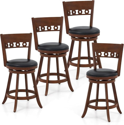 COSTWAY Bar Stools Set of 4, 24.5” Counter Height Bar stools with Solid Wood Legs, Cushioned Seat, Footrest, for Home, Kitchen Island, Bar (4, 24.5'' Seat Height)