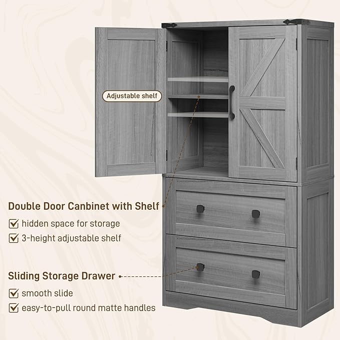 Farmhouse Bathroom Storage Cabinet with 2 Big Drawers and Barn Doors, Kitchen Pantry, Freestanding Storage Cabinet with Adjustable Shelves for Bathroom, Living Room, Kitchen (Wash Grey).