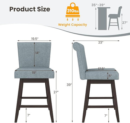 COSTWAY Swivel Bar Stools Set of 2, 27" Counter Height Bar Chairs with Rubber Wood Legs, Upholstered Linen Barstools with Back & Cushioned Seat, for Kitchen Island, Home, Grey