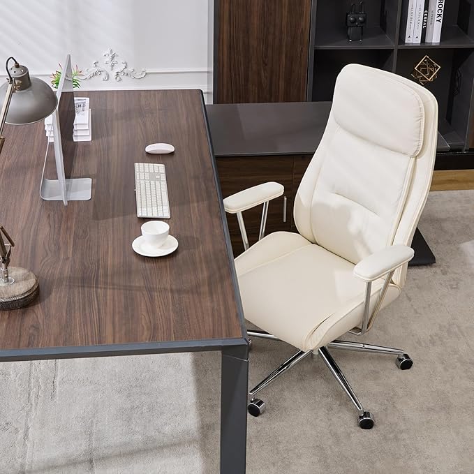 High Back Office Desk Chair,Ergonomic Reclining Office Chair,Modern Swivel Computer Chair,Conference Room Chairs,Cream White Leather Chair with Lumbar Support,330lbs