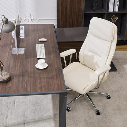 High Back Office Desk Chair,Ergonomic Reclining Office Chair,Modern Swivel Computer Chair,Conference Room Chairs,Cream White Leather Chair with Lumbar Support,330lbs