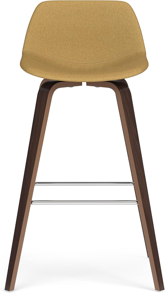 SIMPLIHOME Randolph Counter Stools (Set of 2) - 28 Inch Seat Height Upholstered Bentwood Kitchen Seats in Dijon Yellow Polyester Linen, Mid Century Modern Seating with Curved Backrest and Footrest