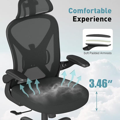 ZZH Ergonomic Office Chair Set of 2 with Adjustable Lumbar Support and Headrest, Mesh Home Office Desk Chair with Wheels and Flip-up Arms, Black