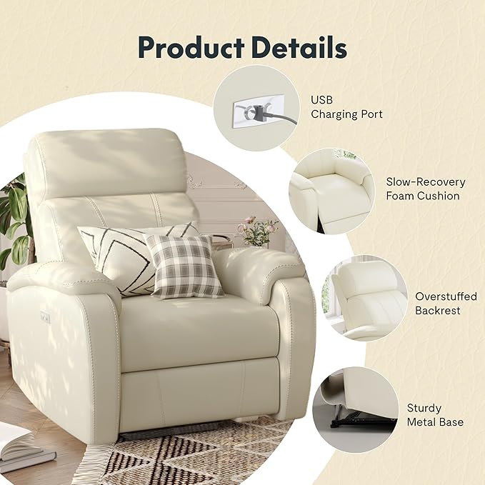 FLEXISPOT X3 Power Recliner Chair, Adjustable Electric Recliner with USB Port, Thick Cushion & Padded Back, Comfortable Faux Leather Chair for Adults, Living Room, Nursery, Home Theater (White)