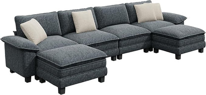 PHI VILLA Cloud Modular Couch Sets, 157.5" Sectional Sofa with U-Shaped Chaise, 6-Seater Couches with Movable Ottomans for Living Room, Chenille Fabric, Dark Cyan