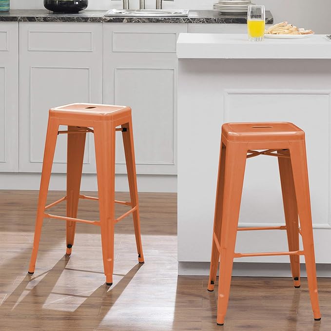Furniwell 30 Inches Metal Bar Stools High Backless Tolix Indoor-Outdoor Stackable Barstool with Square Counter Seat Set of 4 (Orange)
