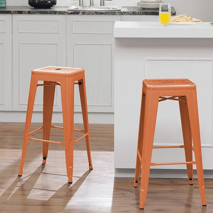 Furniwell 30 Inches Metal Bar Stools High Backless Tolix Indoor-Outdoor Stackable Barstool with Square Counter Seat Set of 4 (Orange)